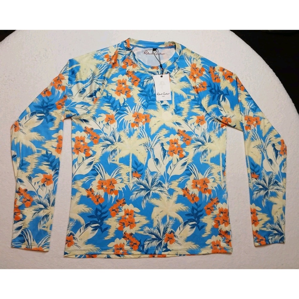 NWT Robert Graham Mens S Rash Guard Tropical Forest Azure Blue UPF 50+ SMRG114